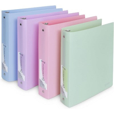3 Ring Binder 1 inch (4 Pack) Pastel Flexible Binders Round Ring with Pocket, Holds 175 Sheets, for School Supplies in Blue, Purple, Pink and Green