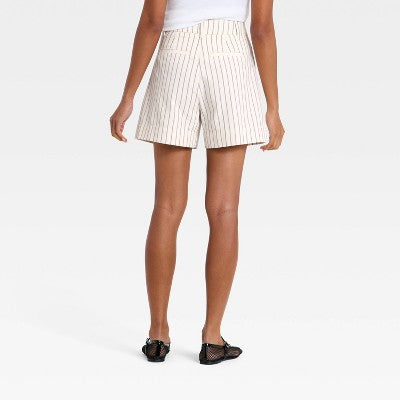 Women's Twill Pleated Shorts 5" - A New Day Cream Striped 0
