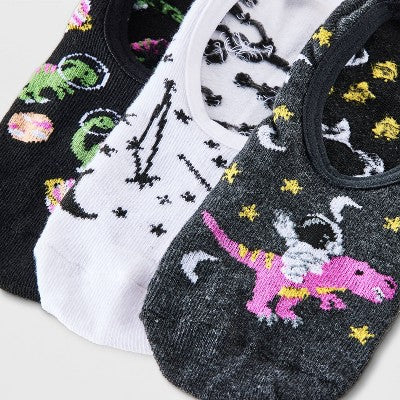 Women's Space Dinosaurs 3pk Liner Socks - Charcoal Heather/White/Black 4-10