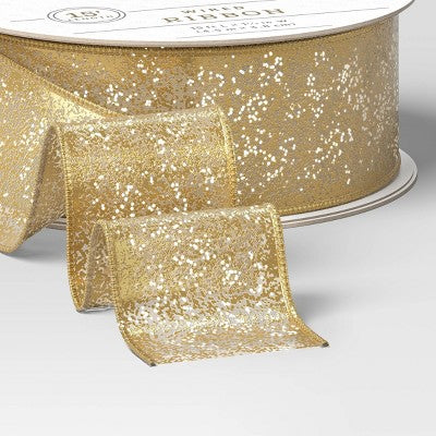 1.5" Glittered Sheer Fabric Christmas Ribbon 15' Gold - Wondershop