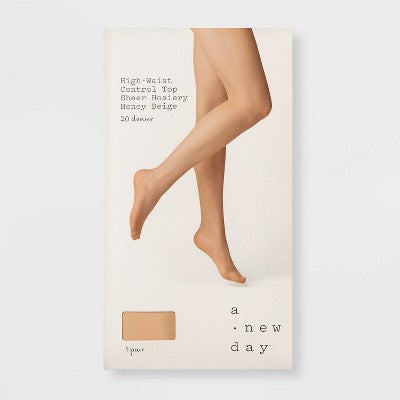Women's 20D Sheer High Waist Control Top Tights - A New Day Honey Beige M/L: Nylon Spandex Knit