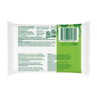 Simple Micellar Cleansing Wipes - 20ct: Paraben-Free, Dye-Free, Phthalate-Free, Artificial Fragrance-Free