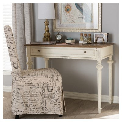 Baxton Studio Marquetterie French Provincial Weathered Oak Wash Writing Desk White: Mid-Century Style, Open Shelf Storage (LOCAL PICKUP ONLY)