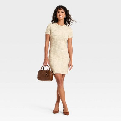 Women's Short Sleeve Rib Mini Sweater Dress -  Oatmeal XS