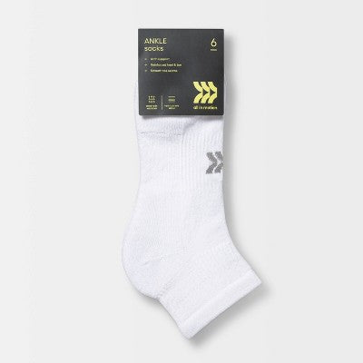 Women's Extended Size Cushioned 6pk Ankle Athletic Socks - All In Motion White 8-12