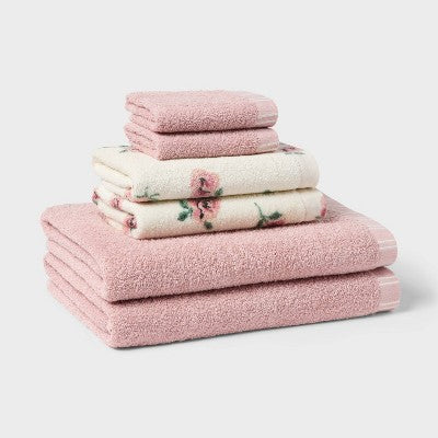 6pc Everyday Floral Dorm Towel Set Pink/Ivory - Room Essentials