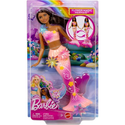Barbie Flower Magic Mermaid Toy Doll with Surprise Blooming Flowers Feature, Long Brown Hair with Purple Highlights