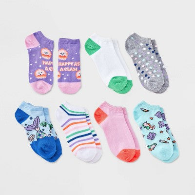 Girls' 7pk 'Mermaid' Lightweight Ankle Length Socks - Cat & Jack Blue S: Recycled Polyester Knit