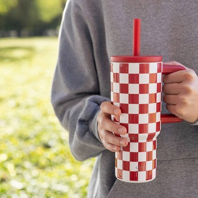 Simple Modern 24oz Trek Checkmate Straw Tumbler Red/White: Stainless Steel, Dishwasher-Safe, Cold Beverages, All Ages