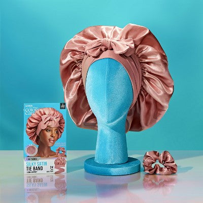 Kiss Colors & Care Silky Satin Bonnet with Tie Band Edge - Dust Pink - XL - 2ct
