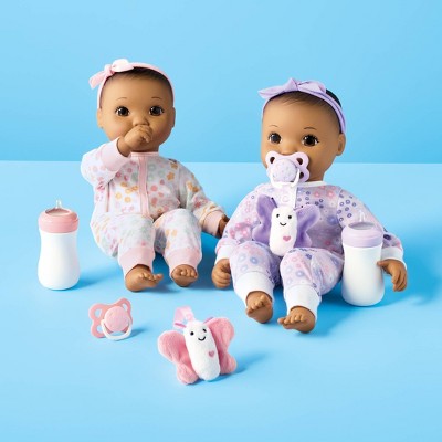 14" Girl Twin Baby Dolls - Brown Hair/Eyes - Gigglescape: Includes Pacifier, Bottle & Plush Outfits