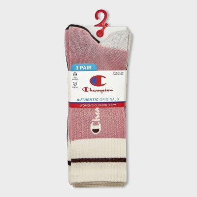 Champion Women's Varsity Striped 3pk Crew Socks - Pink 4-10