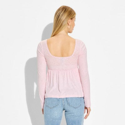 Women's Long Sleeve Babydoll Ribbed Blouse Light Pink S