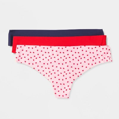 Women's Invisible Edge Thong 3pk - Wild Fable Navy/Pink Hearts/Red XL
