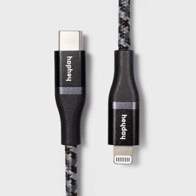 4' Lightning to USB-C Braided Cable - heyday Black: Male-to-Male Connector