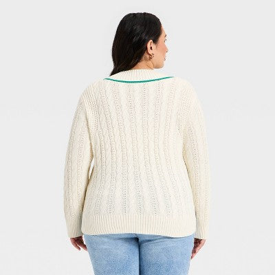 Women's Cable Knit V-Neck Pullover Sweater - Ava & Viv Cream 4X