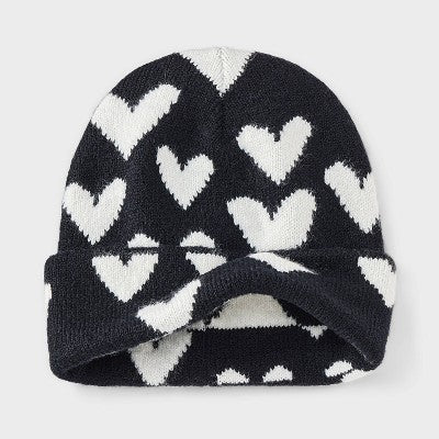 Girls' Knitted Heart Beanie Hat - Cat & Jack Black/White
