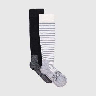 Hanes Women's Absolute Wellness 2pk Over-the-Calf Socks, Mild Graduated Compression - Gray/Black 5-9: Cotton Blend, Cushioned Sole, Seamless Toe