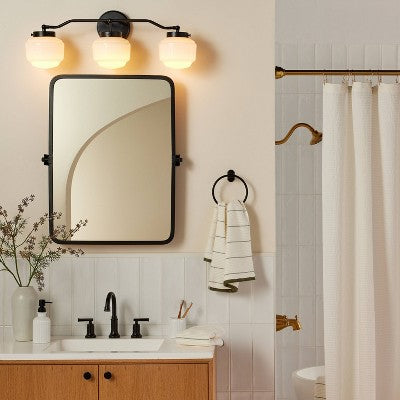 Milk Glass 3-Bulb Vanity Wall Sconce Black Finish - Hearth & Hand with Magnolia: Matte Iron Fixture, UL Listed, E26 (LOCAL PICKUP ONLY)