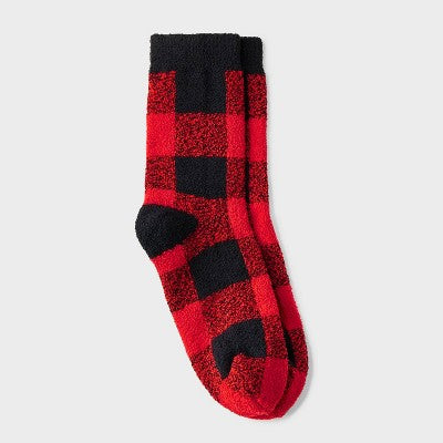 Women's Buffalo Plaid Cozy Christmas Crew Socks with Gift Card Holder - Wondershop Red/Black 4-10
