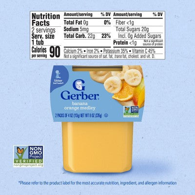 Gerber Non-GMO Baby Food Stage 2 Banana Orange Medley Puree Tub - 4oz/2ct