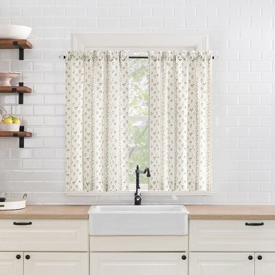 No. 918 2pc 54"x36" Riverwood Floral Stripe Print Semi-Sheer Kitchen Curtain Tier Pair Ivory