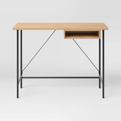 Wood and Metal Writing Desk with Storage Natural Laminate - Room Essentials: Sturdy Home Office Furniture with Open Shelf (LOCAL PICKUP ONLY)