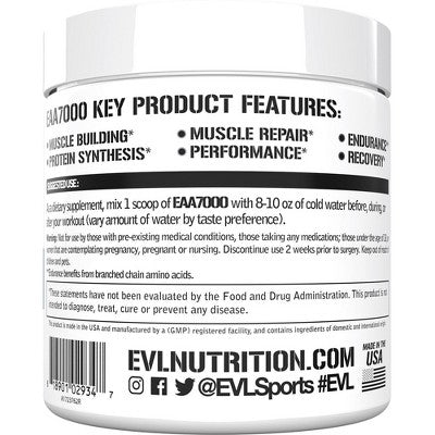 Evlution Nutrition EAA7000 - Muscle Building + Recovery Supplement - 7g EAAs + 5g BCAAs - Endurance + Energy Support - Unflavored - 30 Servings