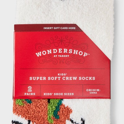 Kids' 2pk Dino Cozy Christmas Crew Socks with Gift Card Holder - Wondershop White M/L