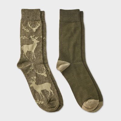 Men's Deer Print Socks 2pk - Goodfellow & Co - Green/Beige 6-12
