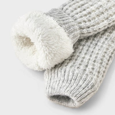 Women's Waffle Sweater Knit Reading Crew Socks with Faux Shearling Lining and Grippers Auden Gray Heather One Size