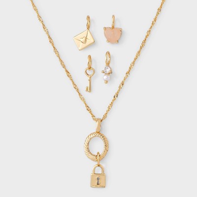 14K Gold Dipped Cubic Zirconia Lock Pendant Charm Necklace Set 5pc - A New Day Gold