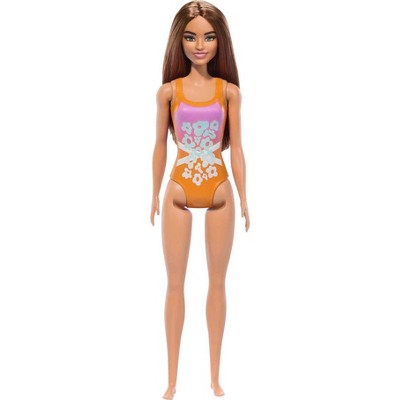 Barbie 12.7" Beach Barbie Doll Brown Hair/Brown Eyes Wearing Tropical Pink and Orange Swimsuit