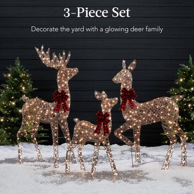 Best Choice Products 3-Piece Lighted Christmas Deer Set Outdoor Yard Decoration w/ 360 LED Lights, Stakes - Rattan (LOCAL PICKUP ONLY)