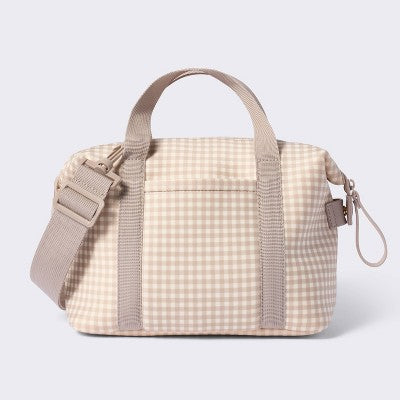 Insulated Bottle Cooler Shoulder Diaper Bag - Tan Gingham Plaid - Cloud Island