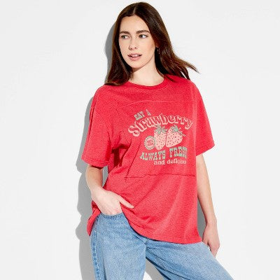 Women's Strawberry Oversized Short Sleeve T-Shirt - Berry Red XXS