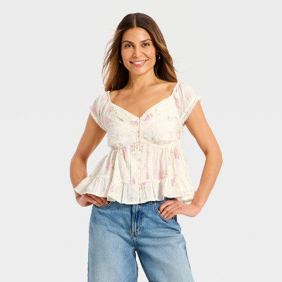Women's Puff Short Sleeve Pintuck V-Neck Blouse - Universal Thread Cream Floral M