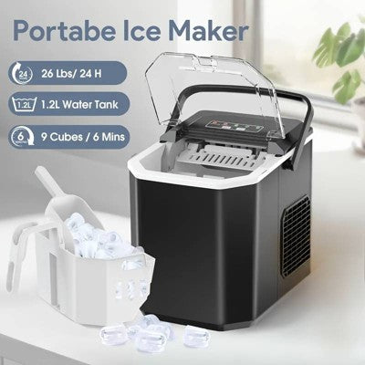 Silonn Ice Maker Countertop, Portable Ice Machine with Carry Handle, Self-Cleaning Ice Makers with Basket and Scoop, 9 Cubes in 6 Mins, 26 lbs per Day