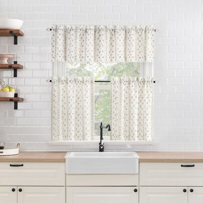 No. 918 2pc 54"x36" Riverwood Floral Stripe Print Semi-Sheer Kitchen Curtain Tier Pair Ivory