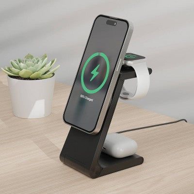 Just Wireless 3-in-1 Magnetic Wireless Charger - Black: USB-C, MagSafe Compatible