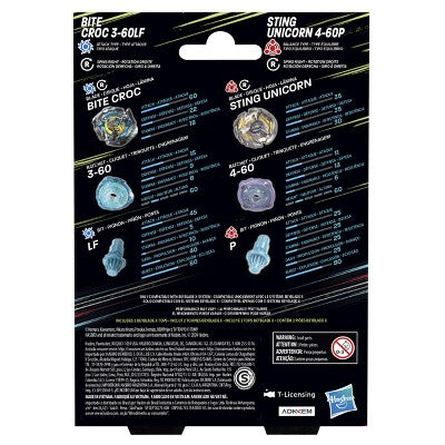 Beyblade Bite Croc 3-60LF and Sting Unicorn 4-60P Battle Tops