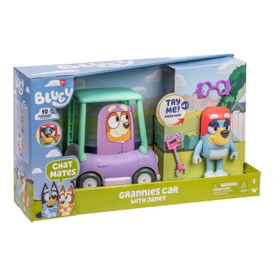 Bluey Chat Mates Figure & Vehicle - Granny Car & Janet: Plastic Interactive Toy with BBC License
