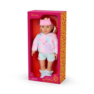 Our Generation Mandy 18" Doll in Pink and Colorful Hooded Pajama with Cat Ears