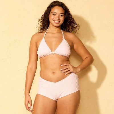 Women's Textured Stripe Print Boyshort Bikini Bottom Pink XS