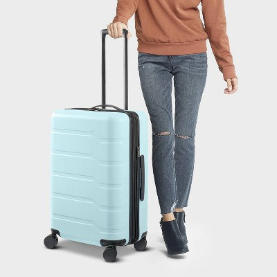 Hardside Medium Checked Spinner Wheels Suitcase Muddy Aqua Blue - Open Story (LOCAL PICKUP ONLY)