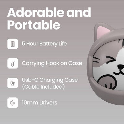 GEMS 'Winking Cat' Spinning Animal Face TWS Earbuds - Gray: Built-In Microphone, USB-C