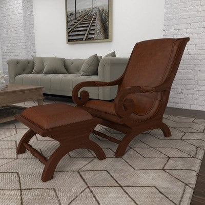 Traditional Teak Wood Accent Chair with Arms and Ottoman Brown - Olivia & May: Leather Upholstered, No Assembly Required (LOCAL PICKUP ONLY)