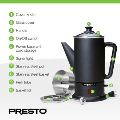 Presto 02815 Cordless Coffee Maker Stainless Steel Percolator, Easy Pour, Black