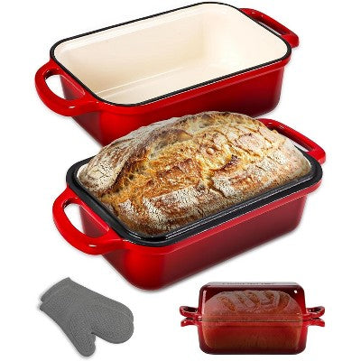 NutriChef Cast Iron Loaf Pan – 2 Quart with Lid & Silicone Gloves - NCCIELF2RD (LOCAL PICKUP ONLY)