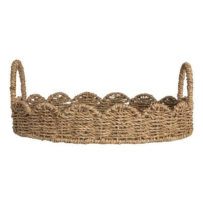 Household Essentials Round Handwoven Seagrass Tray with Scalloped Edge and Handles Natural: Decorative Brown Metal Platter